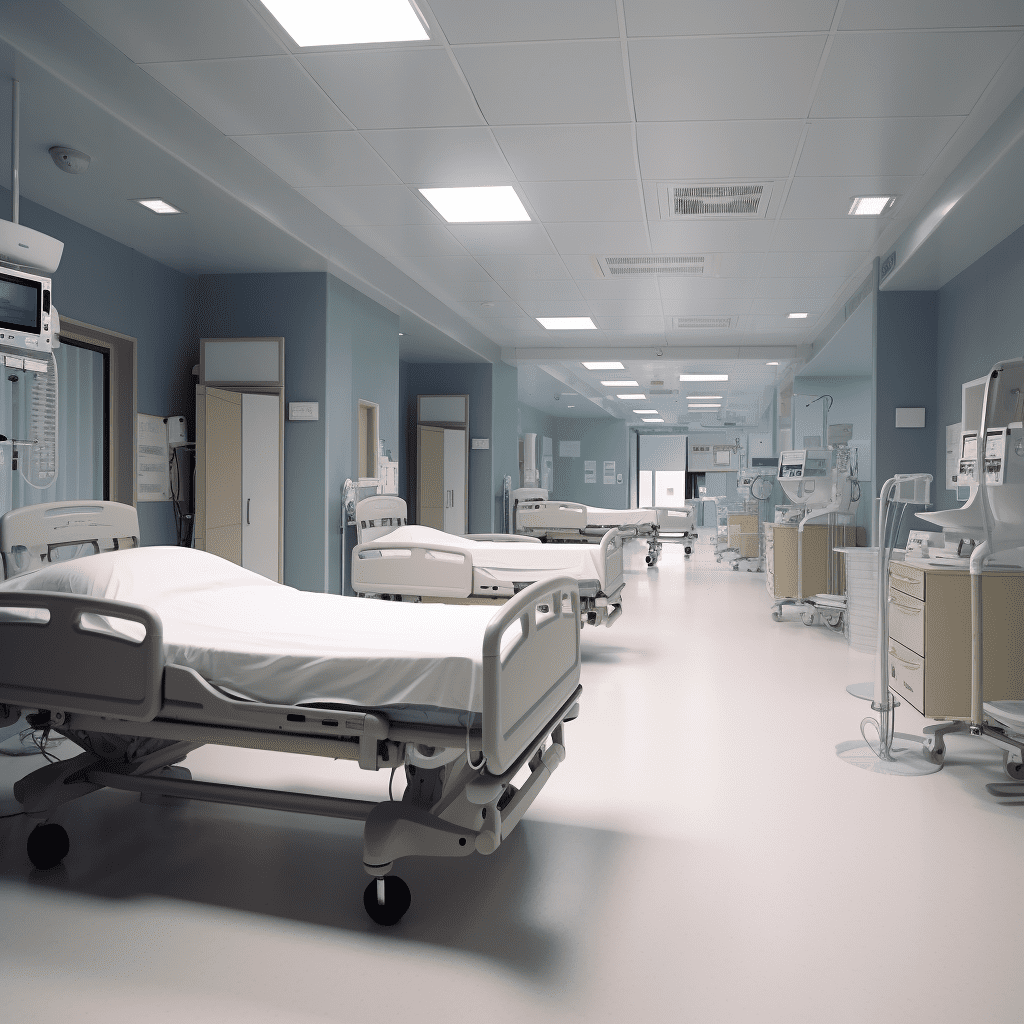 Row of white hospital beds