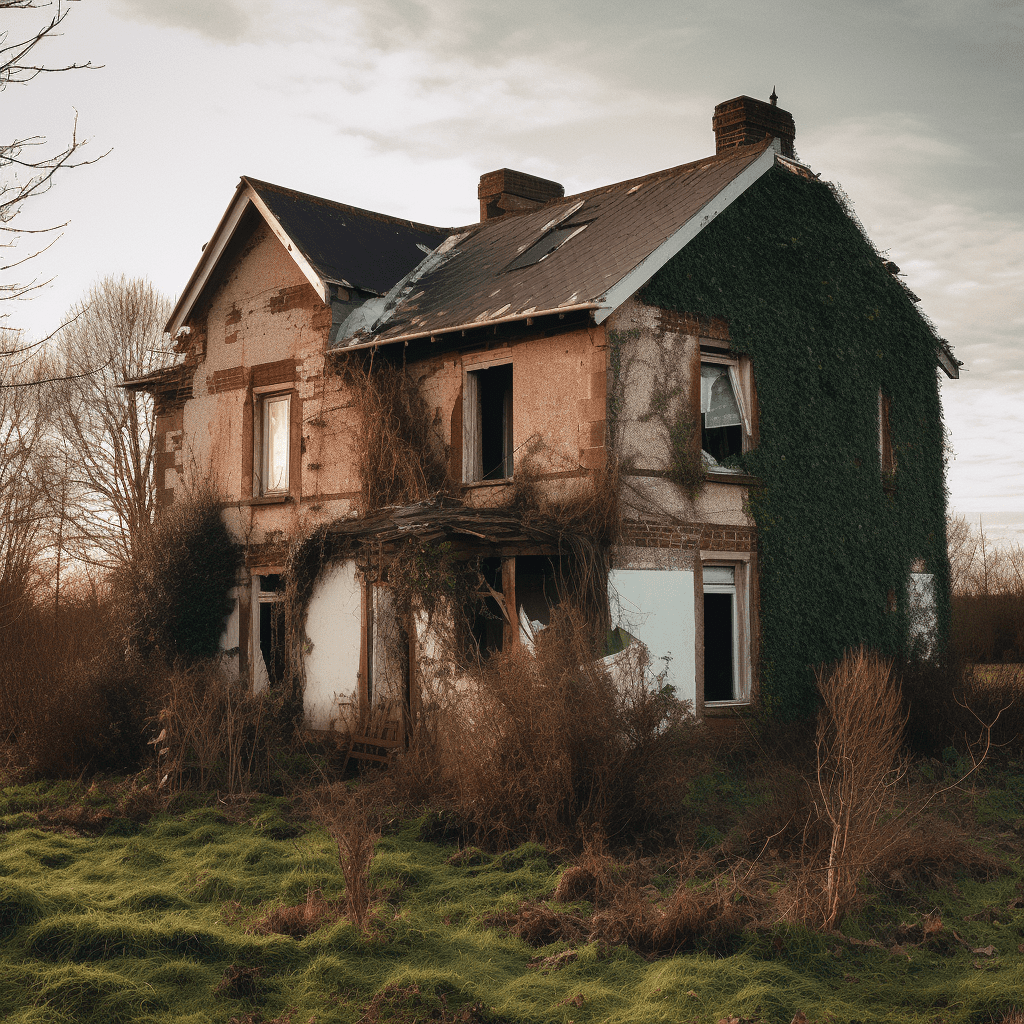 Una casa derruida se alza sobre una colina irregular