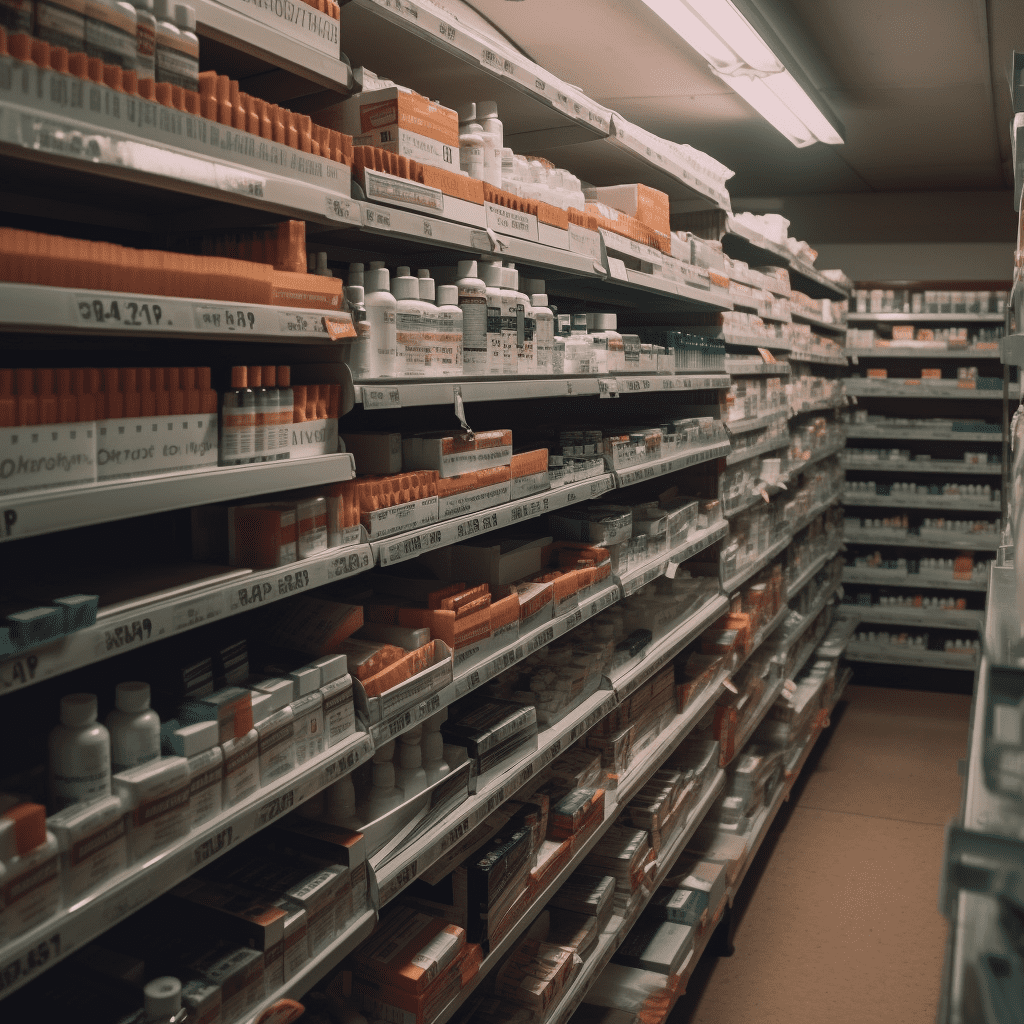 El pasillo de una farmacia. Las estanterías están repletas de frascos de pastillas de todo tipo.