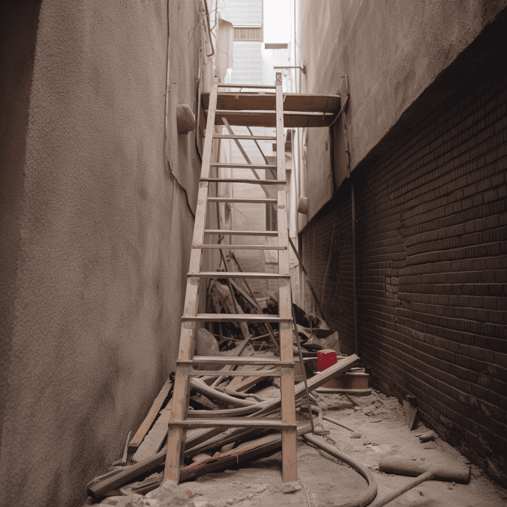 An uneven ladder on a construction site