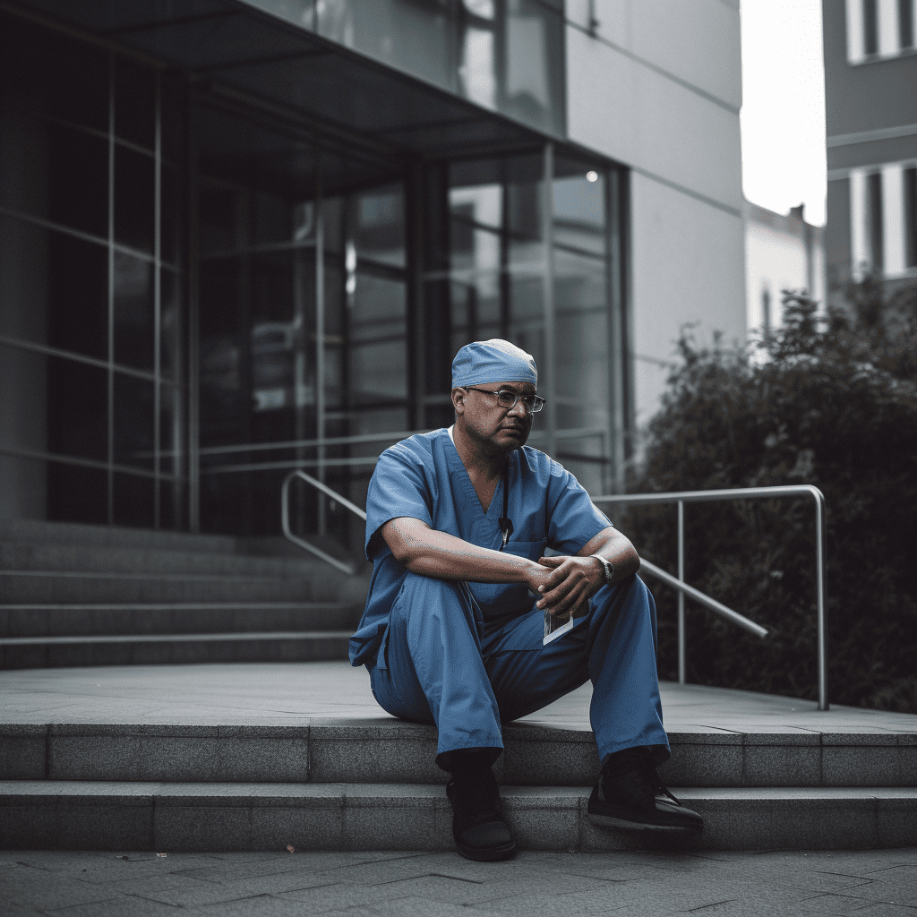 Un cirujano sentado en las escaleras del hospital