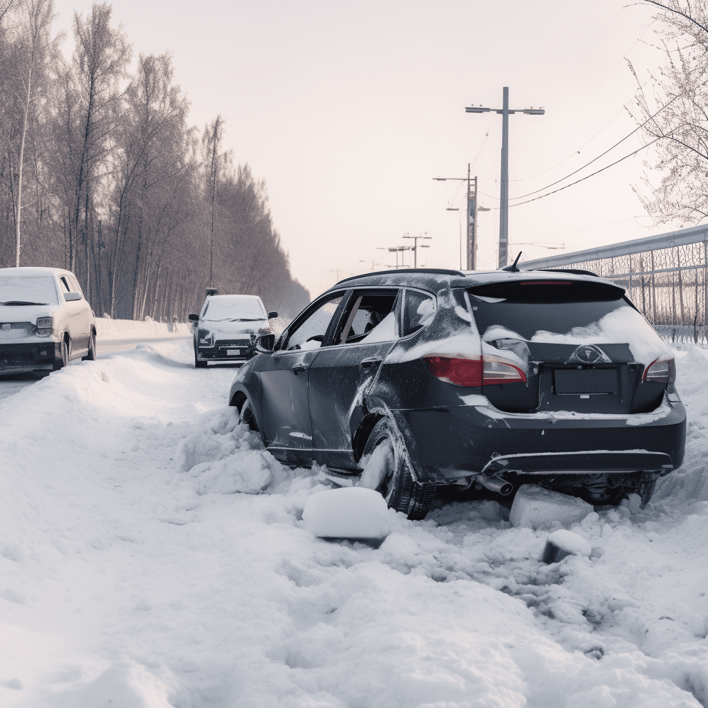 A car with damaged rear-end in the snow