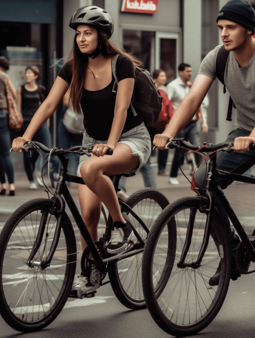 A close-up of a woman riding her bike