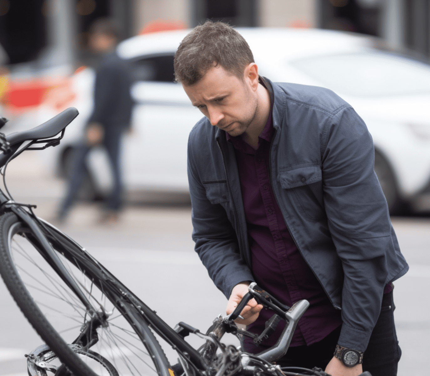 A person looking at their damaged bike