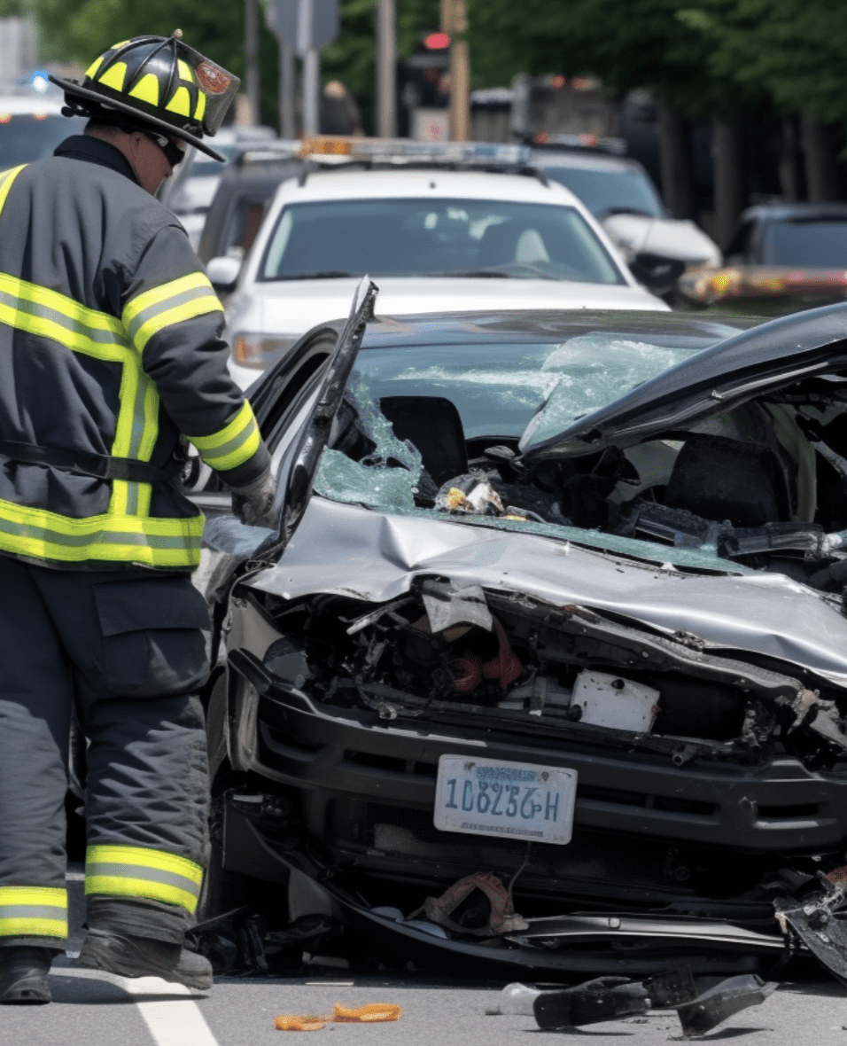 A person examining a head-on car wreck