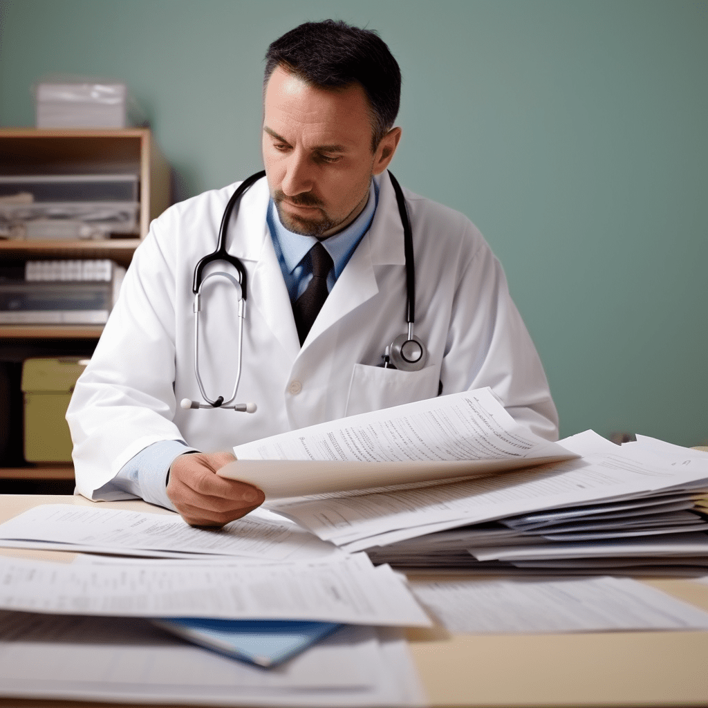 Un médico revisando informes médicos