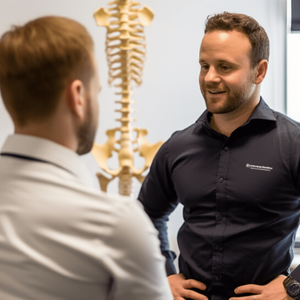 A chiropractor speaking to a patient
