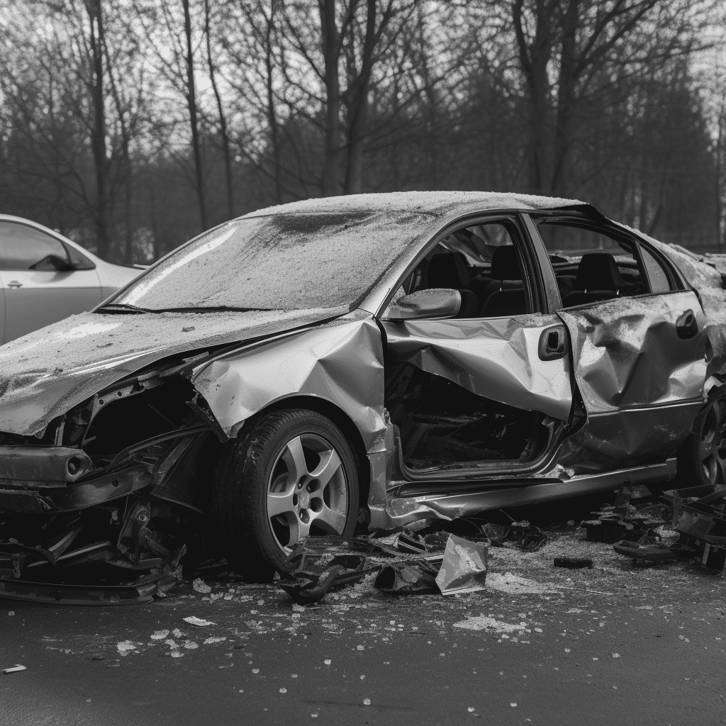 Imagen en blanco y negro de un coche accidentado