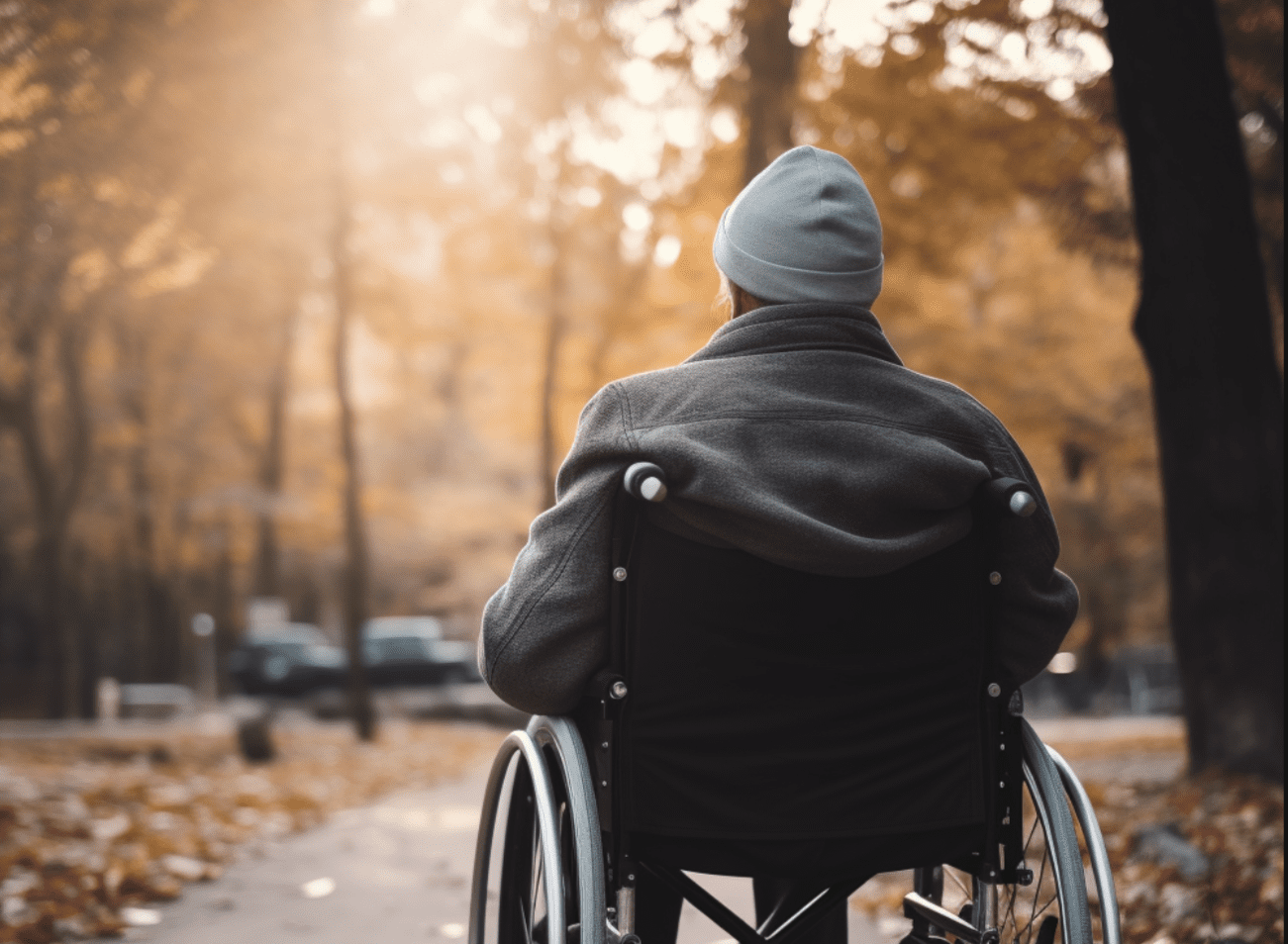 Una persona en silla de ruedas en un parque (tiempo otoñal)