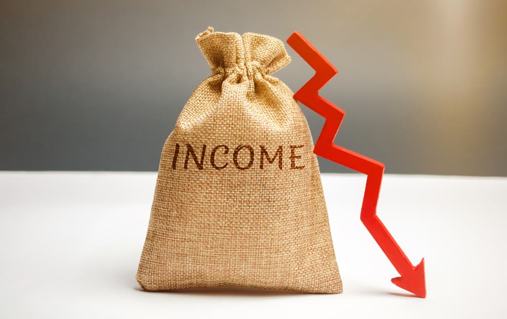 A money bag labeled "Income" with a downward-pointing arrow.